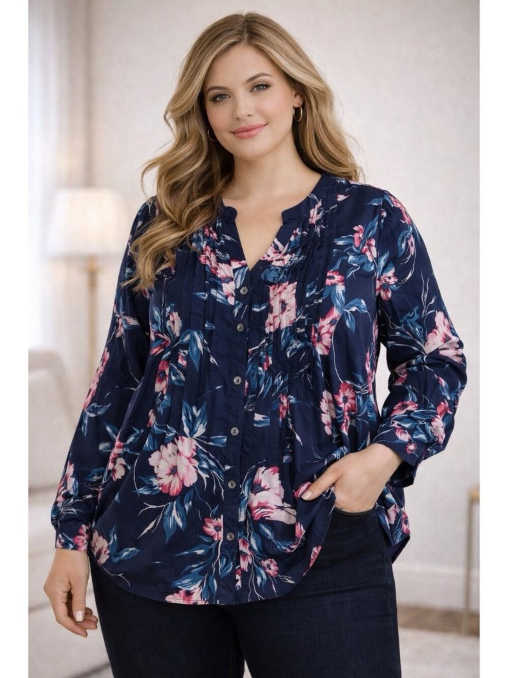 Womens Roamans Plus Sz Pintuck Tunic Blouse Y Neck Roll Tab Sleeves 24w Floral